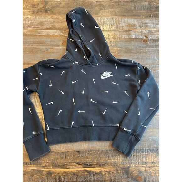 Nike Crop Hoodie Size Large Youth Black All Over Swoosh Graphic Print - Picture 1 of 8